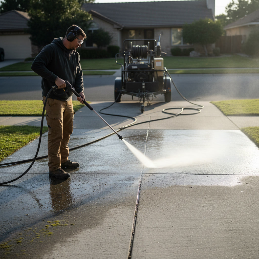 Comparison of driveway cleaning methods showing surface protection