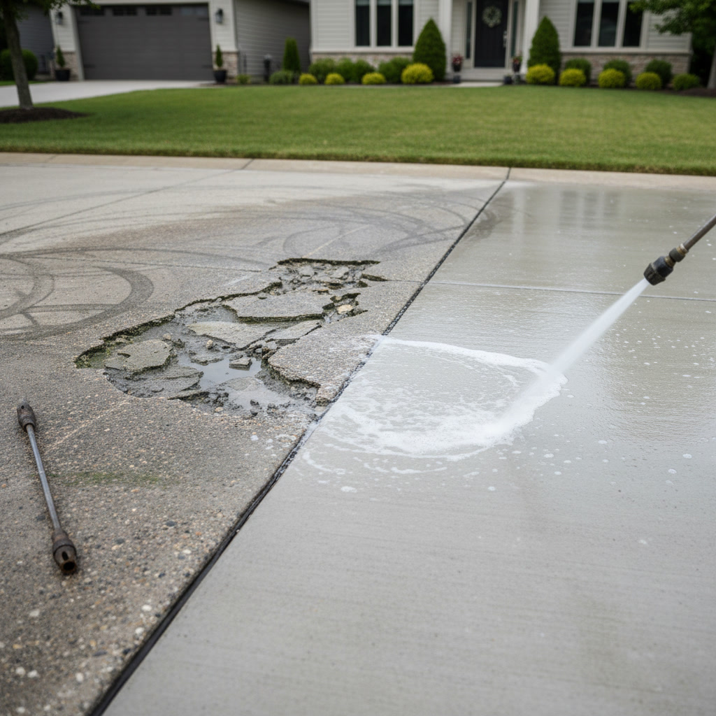 Professional softwashing equipment cleaning residential concrete driveway