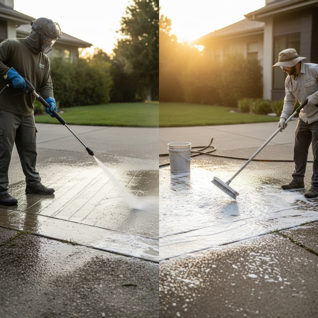 Professional softwashing concrete driveway in Central Florida neighborhood