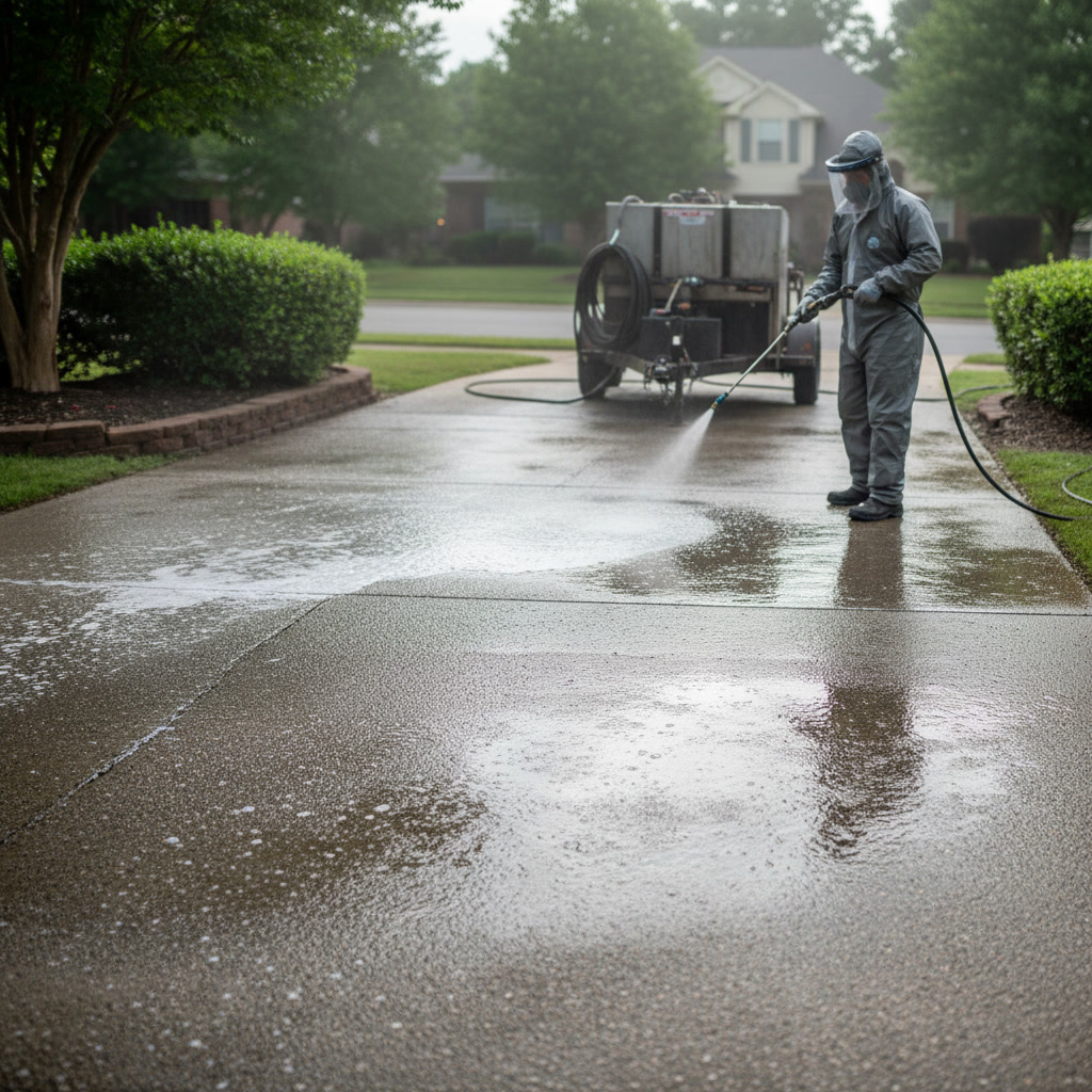 Concrete driveway surface showing moisture retention after professional softwash treatment