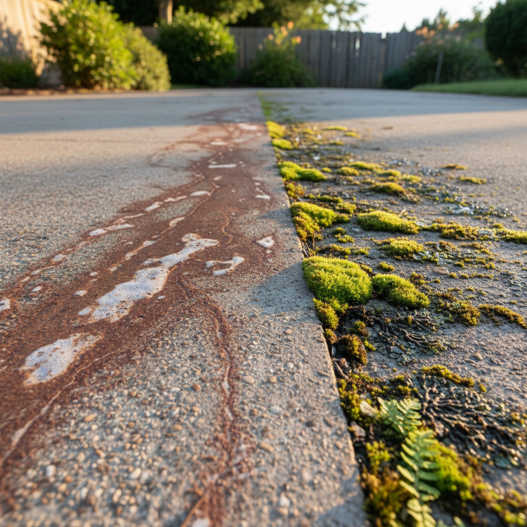 White chalky mineral deposits on concrete driveway surface