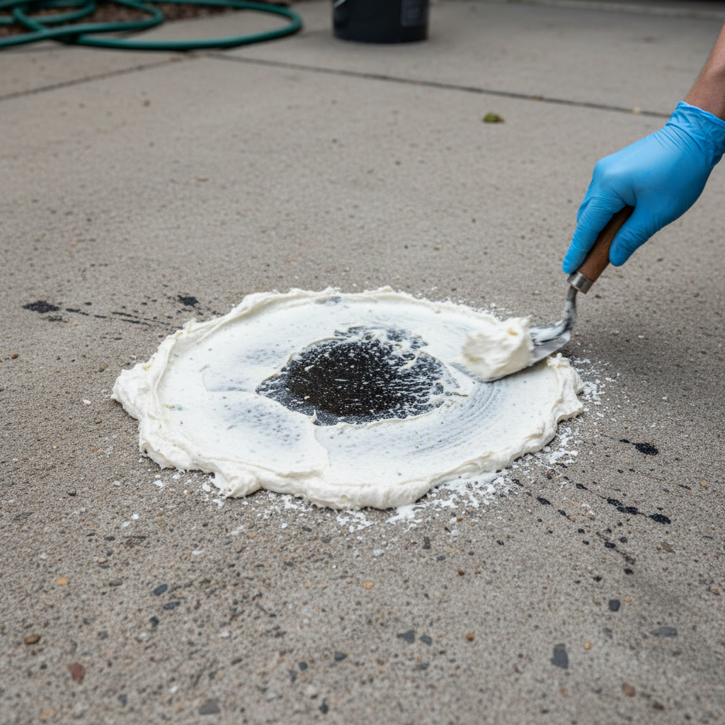 Professional applying degreaser treatment to oil-stained concrete driveway