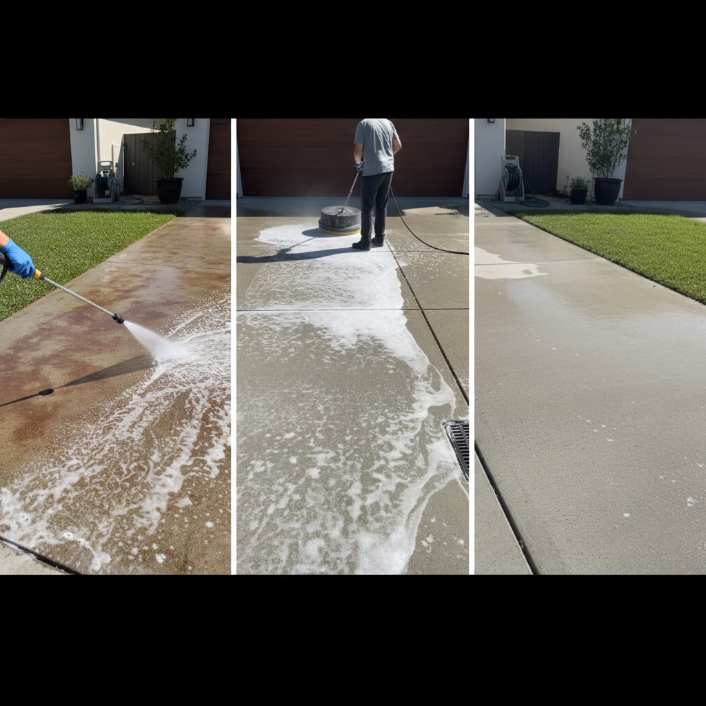 Professional driveway cleaning equipment treating hard water deposits