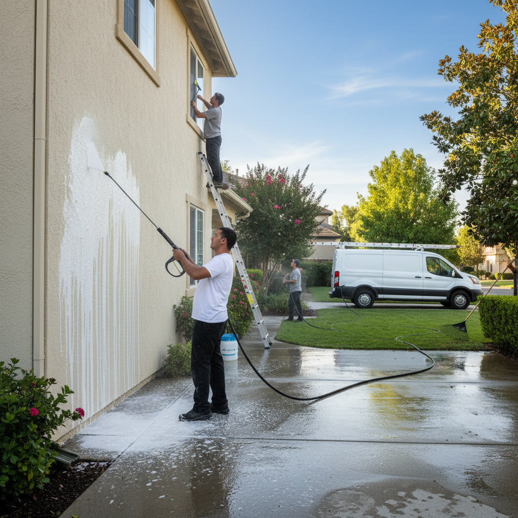 Clean driveway drying naturally after softwash treatment in sunny Florida