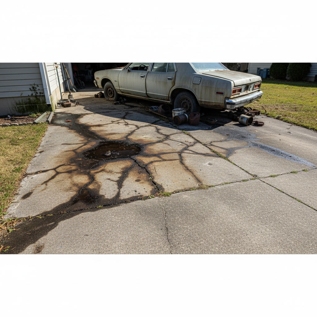 Before and after comparison of oil stain removal on residential concrete driveway