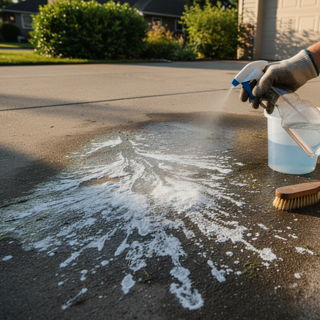 Before and after comparison of driveway mineral stain removal