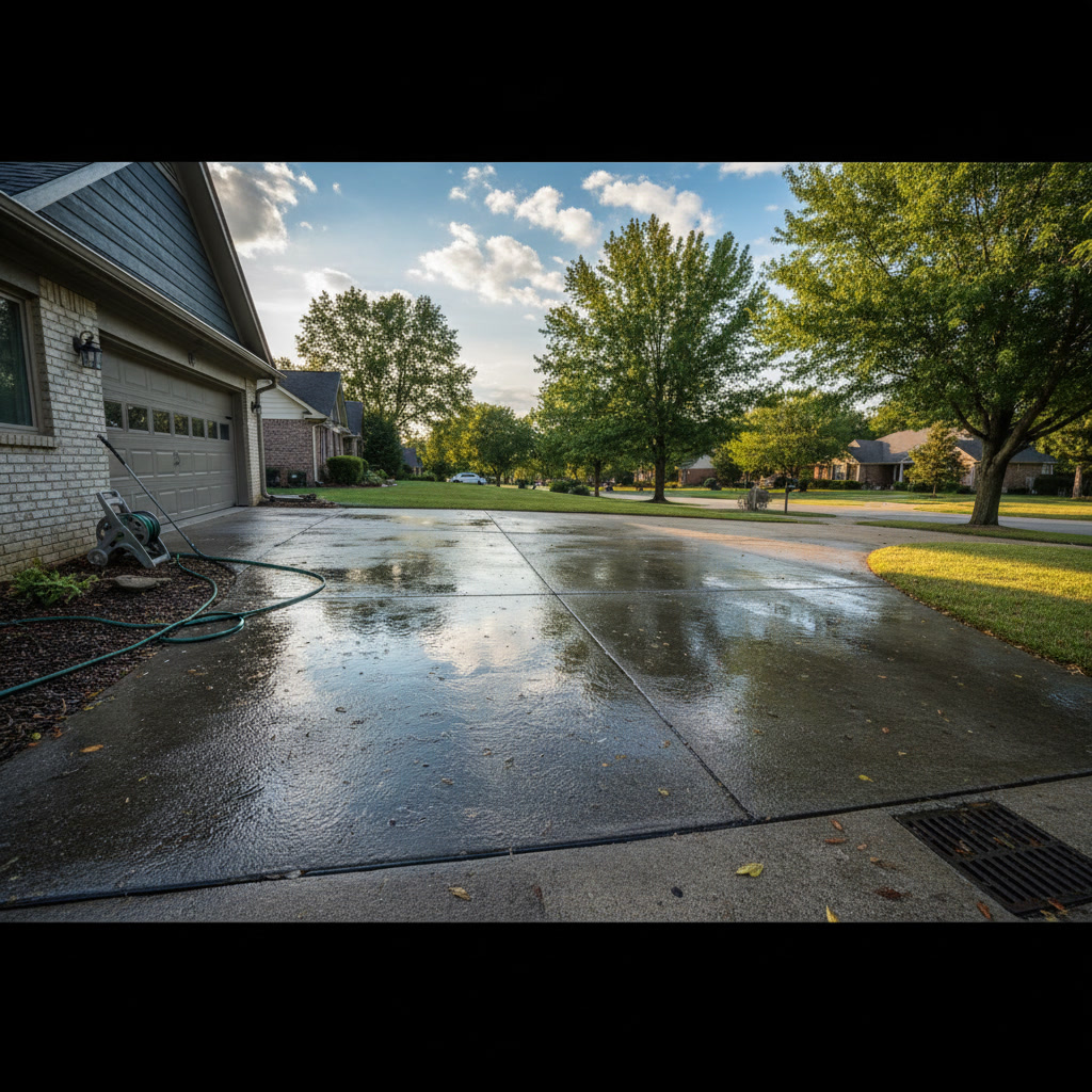 Wet concrete driveway after professional softwash cleaning showing proper moisture retention