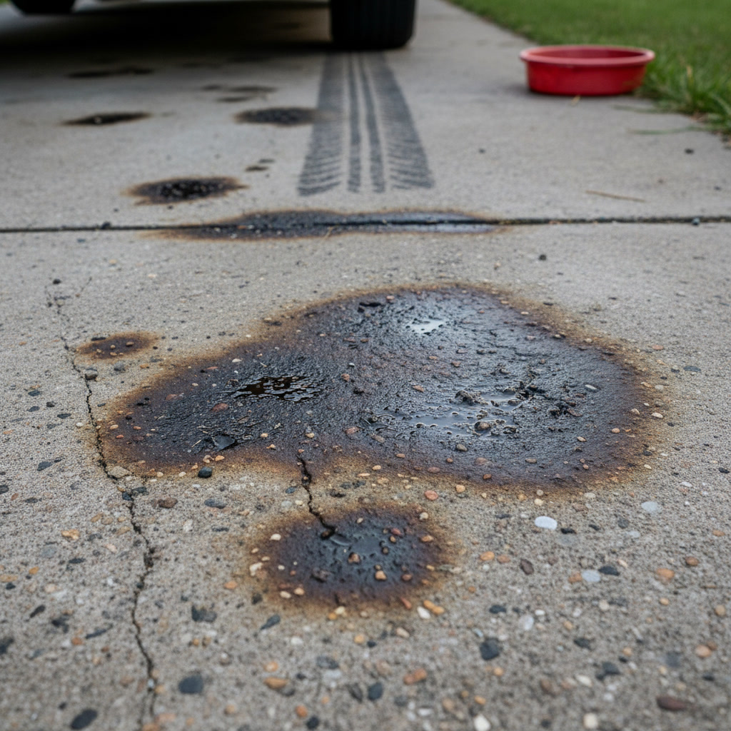 Oil-stained concrete driveway showing dark petroleum marks needing professional cleaning treatment