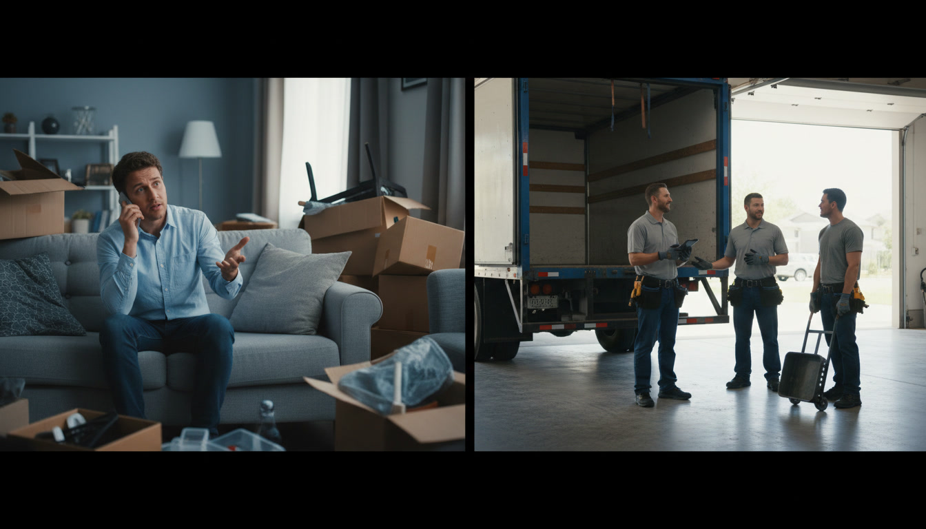 Professional junk removal truck loaded with furniture and debris ready for haul away