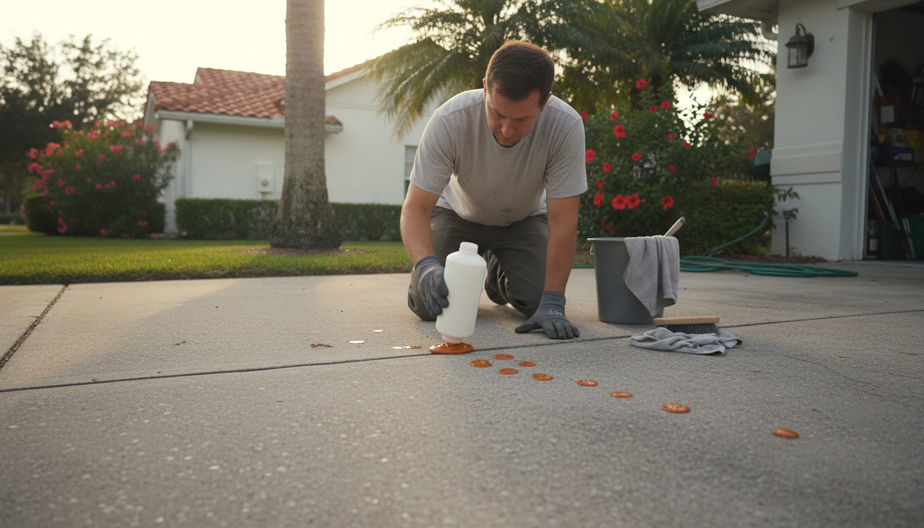 Homeowner testing rust remover on small concrete area before full application