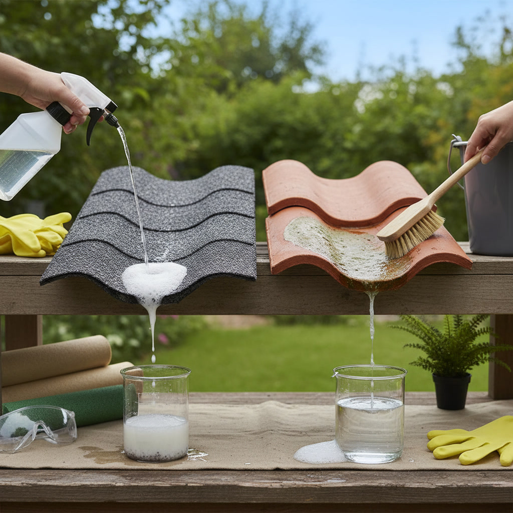 Professional applying low-pressure softwash solution to tile roof in Central Florida